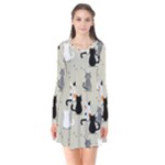 Cute Cat Seamless Pattern Long Sleeve V-neck Flare Dress