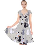 Cute Cat Seamless Pattern Cap Sleeve Front Wrap Midi Dress