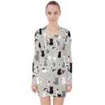 Cute Cat Seamless Pattern V-neck Bodycon Long Sleeve Dress