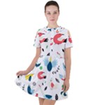 Vector Set Isolates With Cute Birds Scandinavian Style Short Sleeve Shoulder Cut Out Dress 