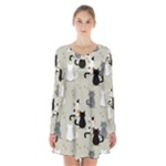 Cute Cat Seamless Pattern Long Sleeve Velvet V-neck Dress