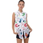 Vector Set Isolates With Cute Birds Scandinavian Style Sleeveless Chiffon Button Shirt