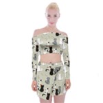 Cute Cat Seamless Pattern Off Shoulder Top with Mini Skirt Set