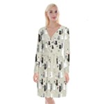 Cute Cat Seamless Pattern Long Sleeve Velvet Front Wrap Dress