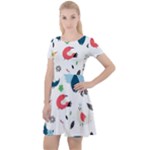 Vector Set Isolates With Cute Birds Scandinavian Style Cap Sleeve Velour Dress 