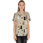 Cute Cat Seamless Pattern Women s V-Neck Scrub Top