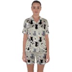Cute Cat Seamless Pattern Satin Short Sleeve Pajamas Set