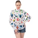 Vector Set Isolates With Cute Birds Scandinavian Style High Neck Long Sleeve Chiffon Top