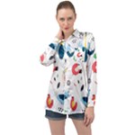 Vector Set Isolates With Cute Birds Scandinavian Style Long Sleeve Satin Shirt