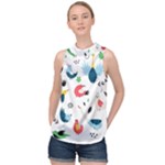 Vector Set Isolates With Cute Birds Scandinavian Style High Neck Satin Top