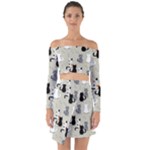 Cute Cat Seamless Pattern Off Shoulder Top with Skirt Set