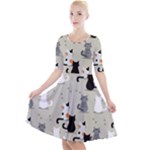 Cute Cat Seamless Pattern Quarter Sleeve A-Line Dress