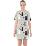 Cute Cat Seamless Pattern Sixties Short Sleeve Mini Dress