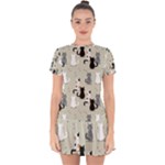 Cute Cat Seamless Pattern Drop Hem Mini Chiffon Dress