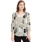 Cute Cat Seamless Pattern Chiffon Quarter Sleeve Blouse