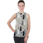 Cute Cat Seamless Pattern Mock Neck Chiffon Sleeveless Top