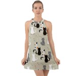 Cute Cat Seamless Pattern Halter Tie Back Chiffon Dress