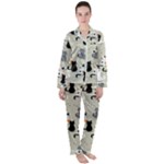 Cute Cat Seamless Pattern Women s Long Sleeve Satin Pajamas Set	