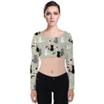 Cute Cat Seamless Pattern Velvet Long Sleeve Crop Top