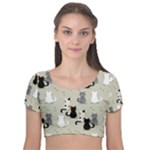 Cute Cat Seamless Pattern Velvet Short Sleeve Crop Top 