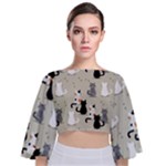Cute Cat Seamless Pattern Tie Back Butterfly Sleeve Chiffon Top