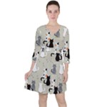 Cute Cat Seamless Pattern Quarter Sleeve Ruffle Waist Dress
