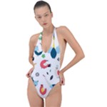 Vector Set Isolates With Cute Birds Scandinavian Style Backless Halter One Piece Swimsuit