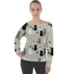 Cute Cat Seamless Pattern Off Shoulder Long Sleeve Velour Top
