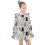 Cute Cat Seamless Pattern Kids  Long Sleeve Dress