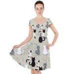 Cute Cat Seamless Pattern Cap Sleeve Midi Dress