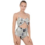 Cute Cat Seamless Pattern Scallop Top Cut Out Swimsuit
