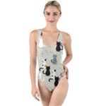 Cute Cat Seamless Pattern High Leg Strappy Swimsuit