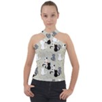 Cute Cat Seamless Pattern Cross Neck Velour Top