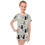 Cute Cat Seamless Pattern Kids  Mesh T-Shirt and Shorts Set