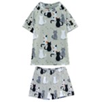 Cute Cat Seamless Pattern Kids  Swim T-Shirt and Shorts Set