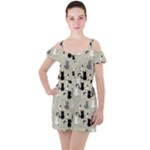 Cute Cat Seamless Pattern Ruffle Cut Out Chiffon Playsuit