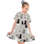 Cute Cat Seamless Pattern Kids  Short Sleeve Shirt Dress