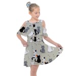 Cute Cat Seamless Pattern Kids  Shoulder Cutout Chiffon Dress