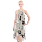 Cute Cat Seamless Pattern High-Low Halter Chiffon Dress 