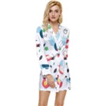 Vector Set Isolates With Cute Birds Scandinavian Style Long Sleeve Satin Robe