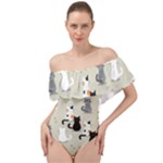 Cute Cat Seamless Pattern Off Shoulder Velour Bodysuit 