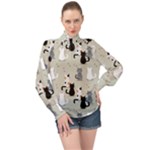 Cute Cat Seamless Pattern High Neck Long Sleeve Chiffon Top