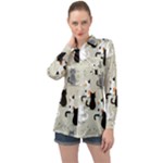 Cute Cat Seamless Pattern Long Sleeve Satin Shirt