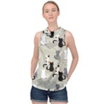 Cute Cat Seamless Pattern High Neck Satin Top