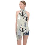 Cute Cat Seamless Pattern Halter Asymmetric Satin Top