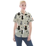 Cute Cat Seamless Pattern Women s Short Sleeve Pocket Shirt