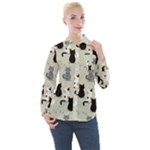 Cute Cat Seamless Pattern Women s Long Sleeve Pocket Shirt
