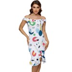 Vector Set Isolates With Cute Birds Scandinavian Style Off Shoulder Ruffle Split Hem Bodycon Dress