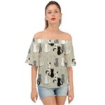 Cute Cat Seamless Pattern Off Shoulder Short Sleeve Top