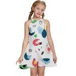 Vector Set Isolates With Cute Birds Scandinavian Style Kids  Halter Collar Waist Tie Chiffon Dress